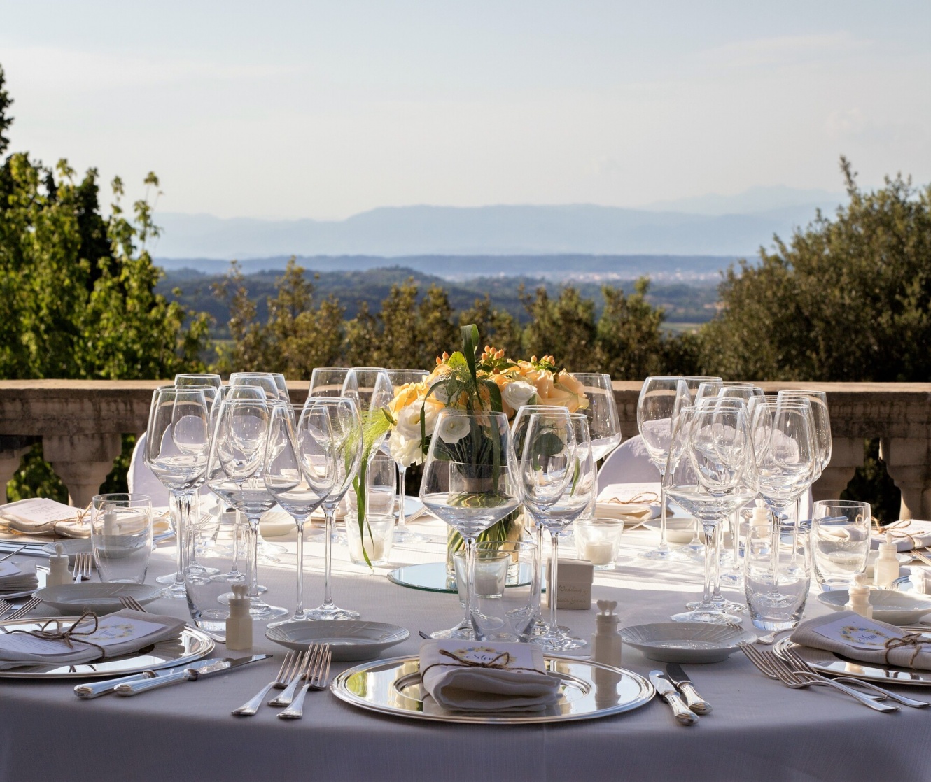 Wedding banquet on a panoramic terrace in Tuscany